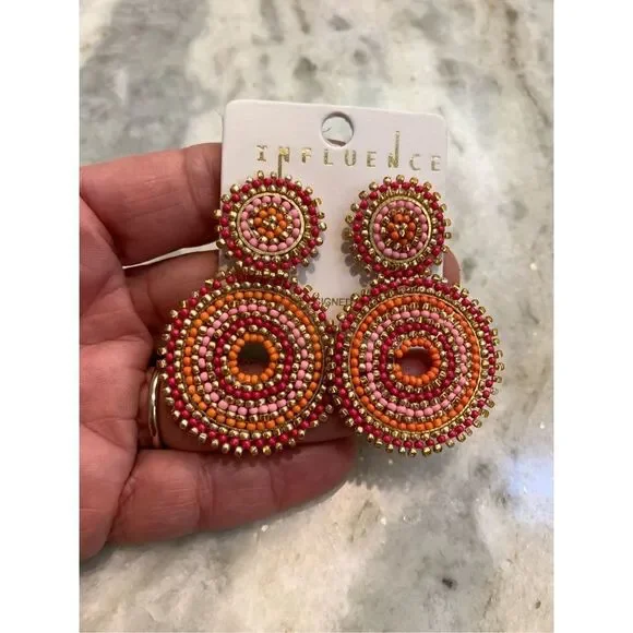 Pink Orange Circle Stripes Seed Bead Earrings #round earrings #bohemian #beach - Picture 2 of 3